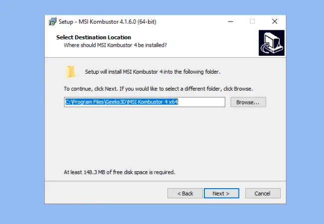 Choose the destination folder where MSI Kombustor will be installed, or leave it at the default location. Click "Next" to continue.